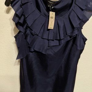 NWT Ann Taylor 100% Luxurious Silk Ruffle Navy top